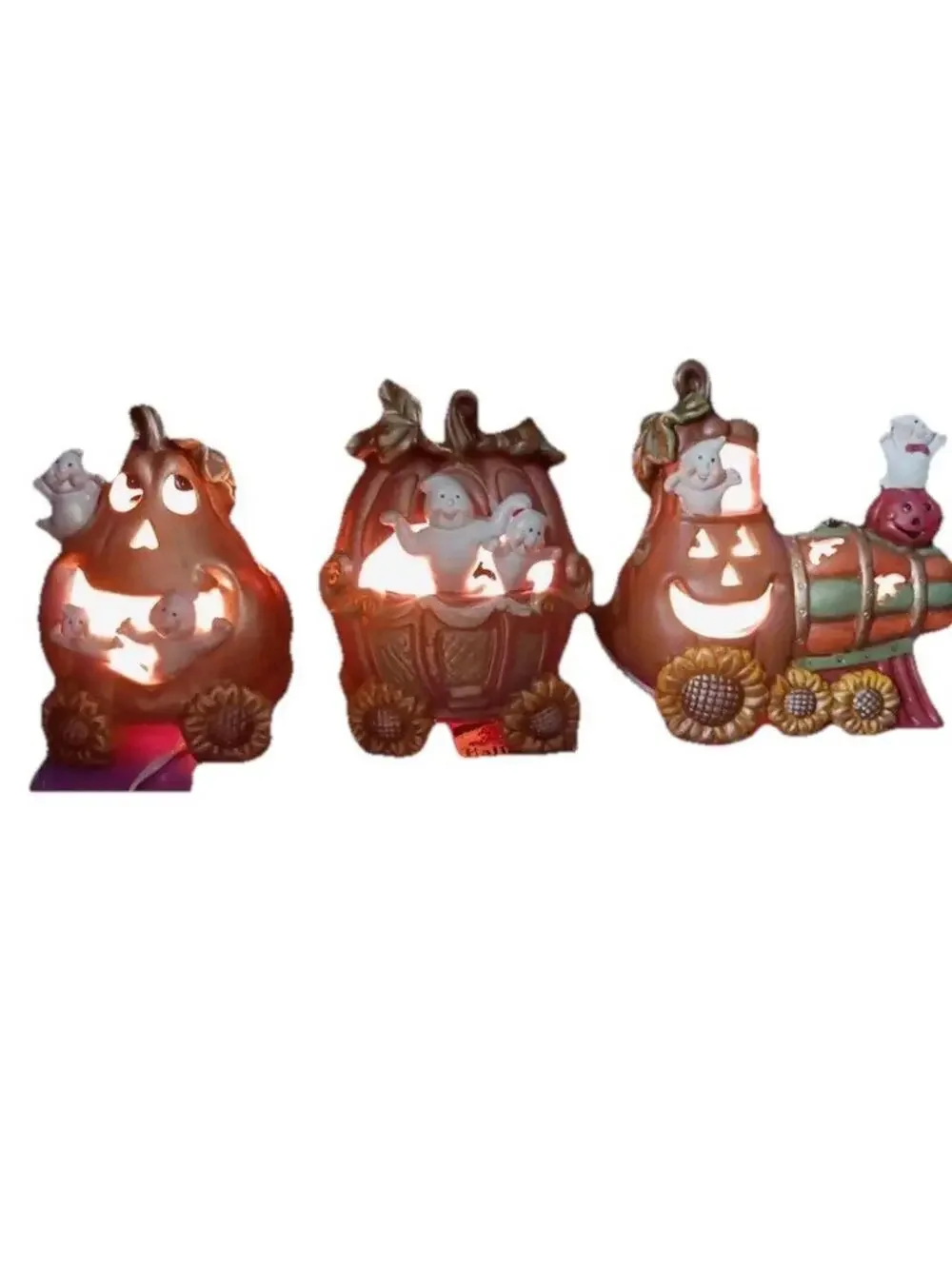Light Up Halloween Pumpkin Train Décor Set with Ghosts and Black Cat